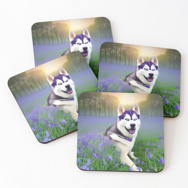 Item preview, A husky laying down in a field of bluebells. Husky and bluebells. Floral Husky. Husky and flowers  designed and sold by Doggymadness.