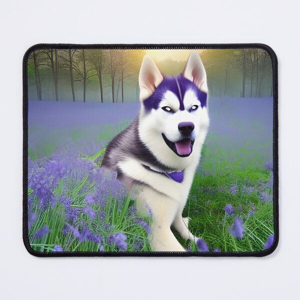 Item preview, A husky laying down in a field of bluebells. Husky and bluebells. Floral Husky. Husky and flowers designed and sold by Doggymadness.