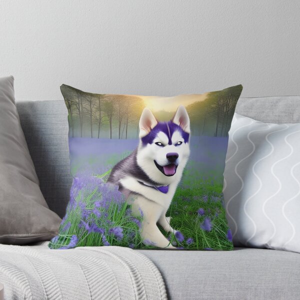 Item preview, A husky laying down in a field of bluebells. Husky and bluebells. Floral Husky. Husky and flowers  designed and sold by Doggymadness.
