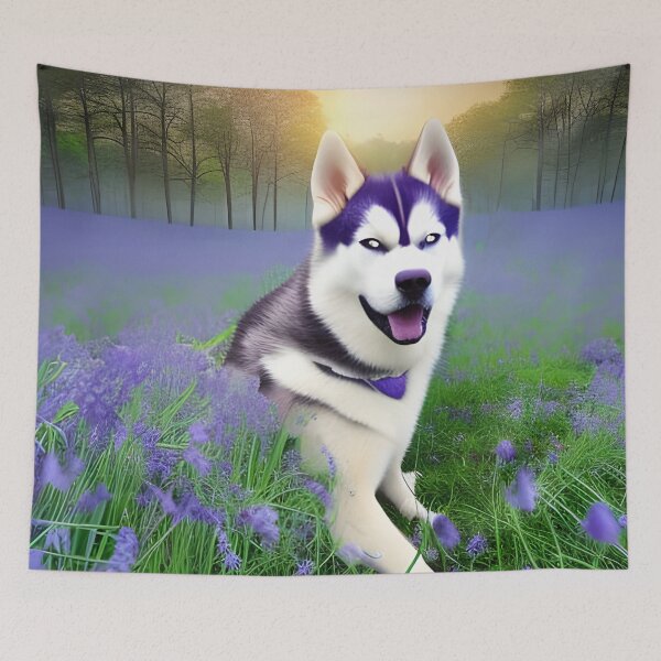 Item preview, A husky laying down in a field of bluebells. Husky and bluebells. Floral Husky. Husky and flowers  designed and sold by Doggymadness.