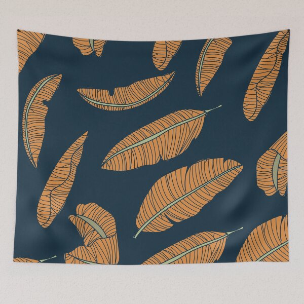 Item preview, Feathers/Leaves Gold on Blue Pattern designed and sold by Gumblebee Design.