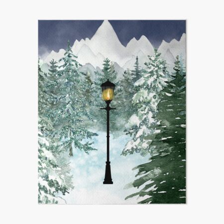 Item preview, Narnia lamp post watercolor mountains trees snow designed and sold by P3113creates.