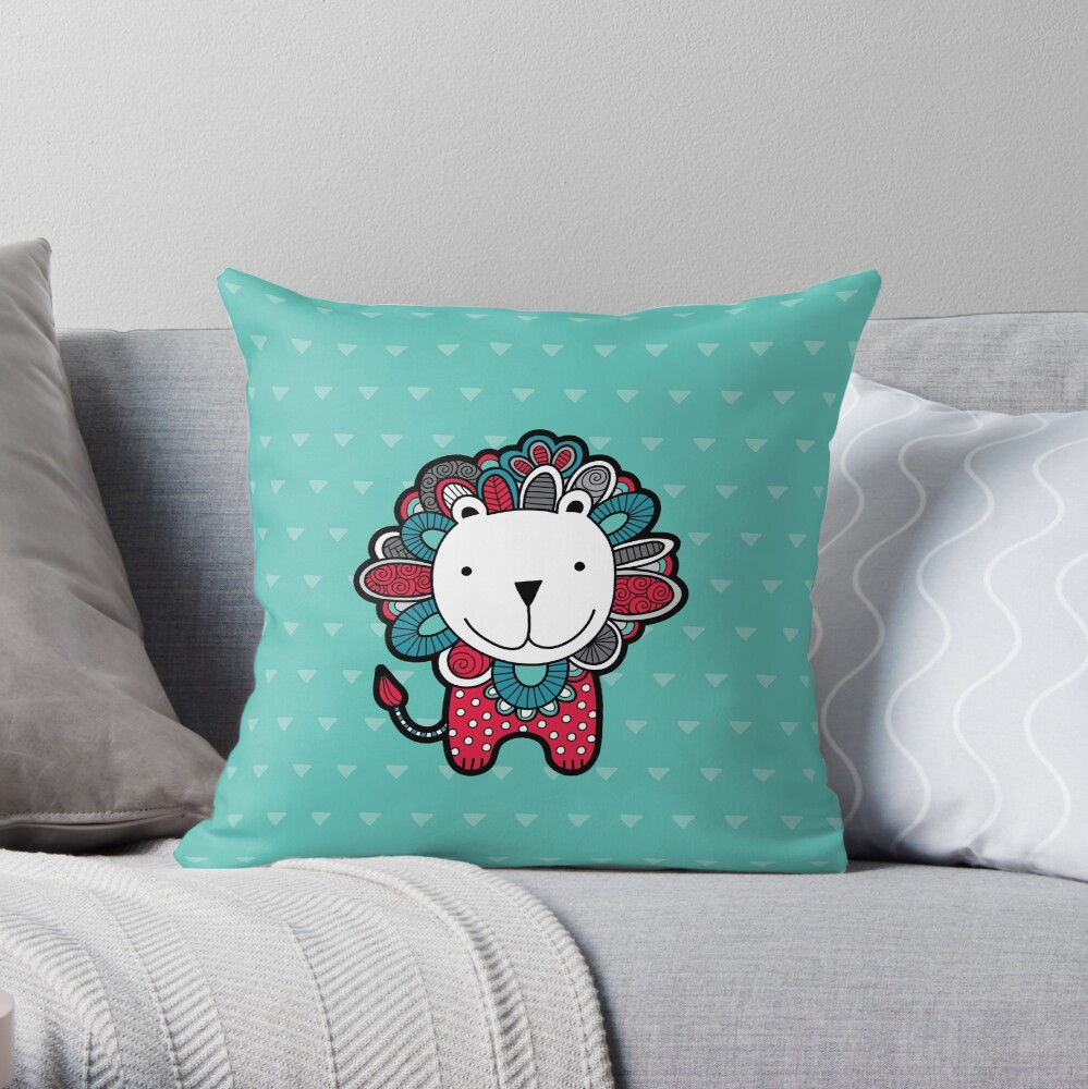 Doodle Lion Red, Green & Grey Throw Pillow