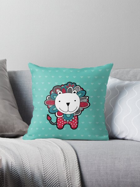Doodle Lion Red, Green & Grey Throw Pillow