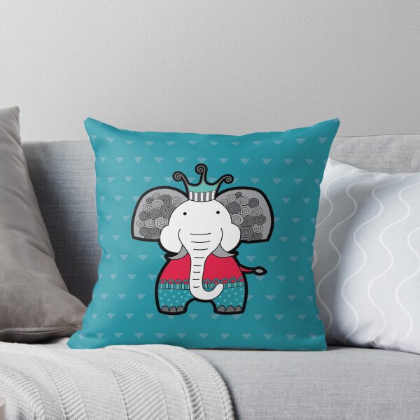 Doodle Elephant on Blue Background Throw Pillow