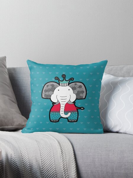 Doodle Elephant on Blue Background Throw Pillow