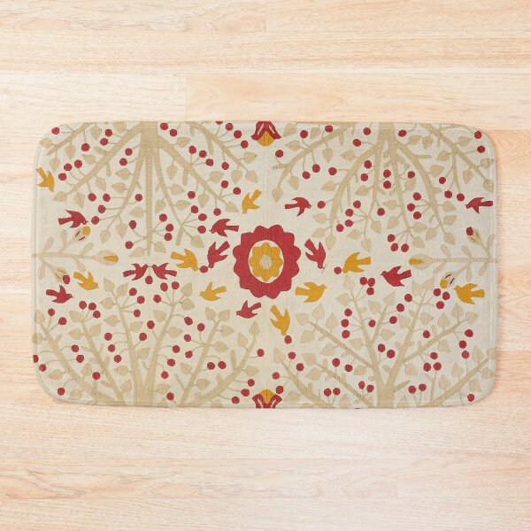 Aperçu de l'œuvre Courtepointe de mariée antique rouge et beige avec des cerisiers et des merles créée et vendue par ScavengerStyle.