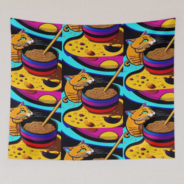 Aperçu de l'œuvre Chat mignon mangeant des spaghettis, chat mignon mangeant des ramen, chat mignon mangeant des nouilles, chat mignon mangeant des pâtes | Art numérique original créée et vendue par ArtworkbyEmmy.