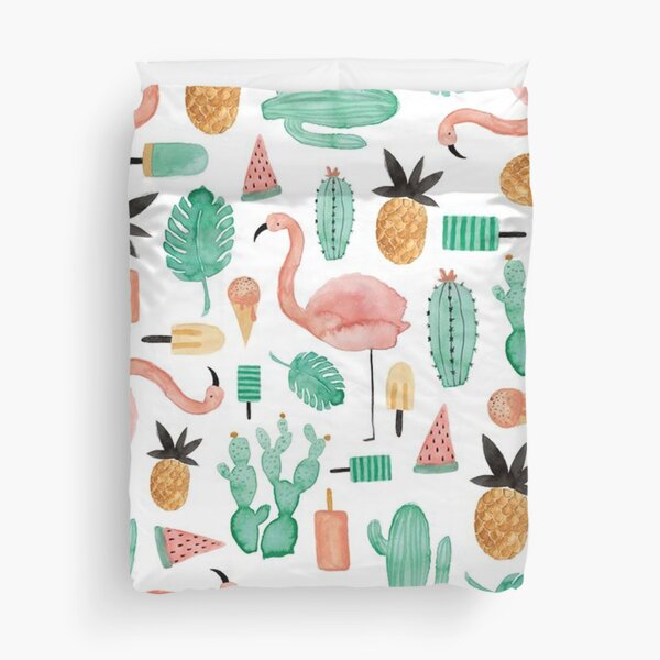Pink flamingo, green cactus and yellow pineapple Duvet Cover