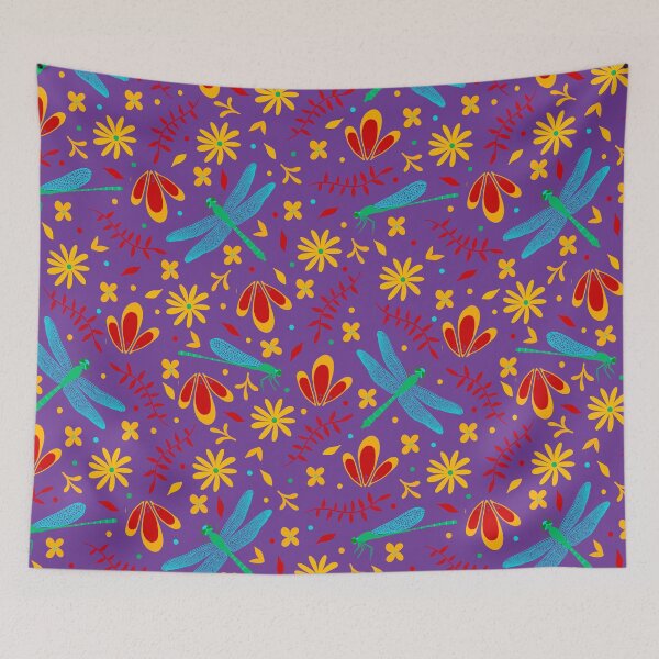 Item preview, Green Dragonflies with Orange and Red Flowers on Purple designed and sold by dKarthdesign.