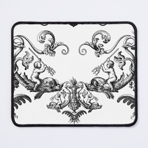 Item preview, Pattern design black - white, floral ornaments & symmetrical figures: Baby Neptune with trident rides on fish designed and sold by Silva-Sol.