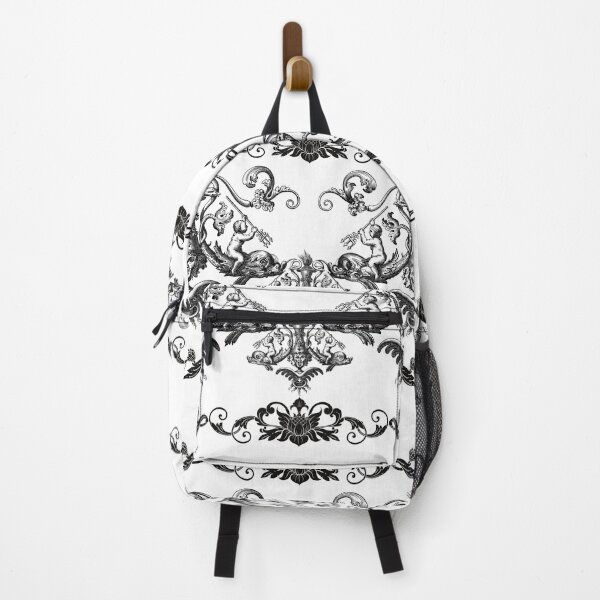 Item preview, Pattern design black - white, floral ornaments & symmetrical figures: Baby Neptune with trident rides on fish designed and sold by Silva-Sol.