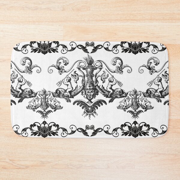 Item preview, Pattern design black - white, floral ornaments & symmetrical figures: Baby Neptune with trident rides on fish designed and sold by Silva-Sol.