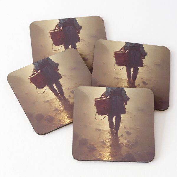 Item preview, Person in Blue Walking Away through Rocks Holding Basket Bag in Golden Light designed and sold by bryanchvzz.