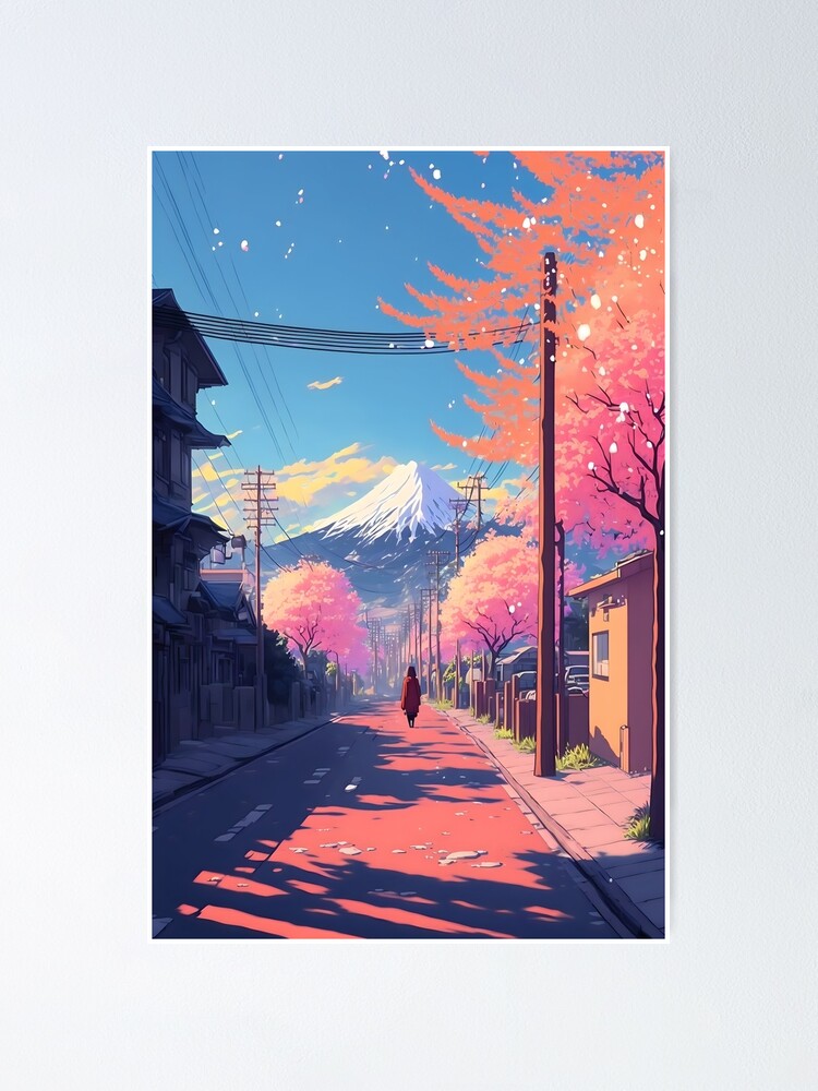 Cute Japonais style posters Fuji montais and Sakura tree anime | Art Board  Print