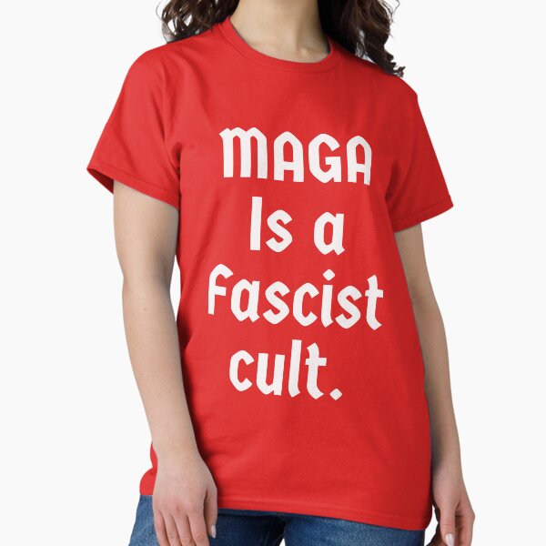 Vista previa del artículo con la obra «MAGA es una secta», diseñado y vendido por Rachel the Artist .