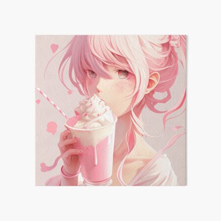 Kawaii anime girl with long wavy pink hair holding boba tea