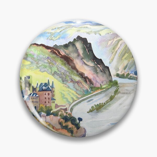 Item preview, Germany watercolor print, Rhine river, castle on the hill, birds eye view, landscape watercolor designed and sold by Landrock.