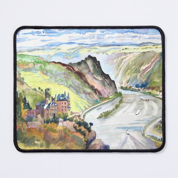 Item preview, Germany watercolor print, Rhine river, castle on the hill, birds eye view, landscape watercolor designed and sold by Landrock.