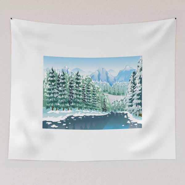 Item preview, Paisaje invernal: cumbres nevadas, árboles coníferos y estanque en un bosque designed and sold by EClassicslk.