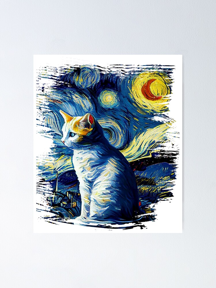 Best Friends Cute Dog and Cat Starry Night Art Print Picture by