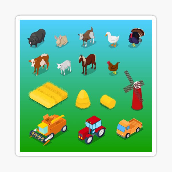 Item preview, Isometric Farm Animals and Agricultural Transportation.  designed and sold by ivector.