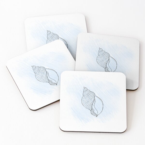 Item preview, Line art illustration of a seashell on blue watercolor background. Shell tattoo idea. Hand drawn nautical engraving of nautical prints isolated on white background designed and sold by Sunshine2504.