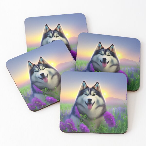 Item preview, Alaskan Malamute sat in a field of flowers. Floral alaskan malamute. Malamute and flowers designed and sold by Doggymadness.