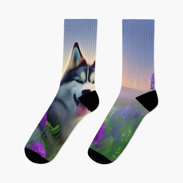 Item preview, Alaskan Malamute sat in a field of flowers. Floral alaskan malamute. Malamute and flowers designed and sold by Doggymadness.