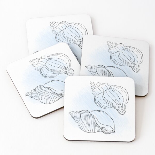 Item preview, Line art illustration of a seashell on blue watercolor background. Shell tattoo idea. Hand drawn nautical engraving of nautical prints isolated on white background designed and sold by Sunshine2504.