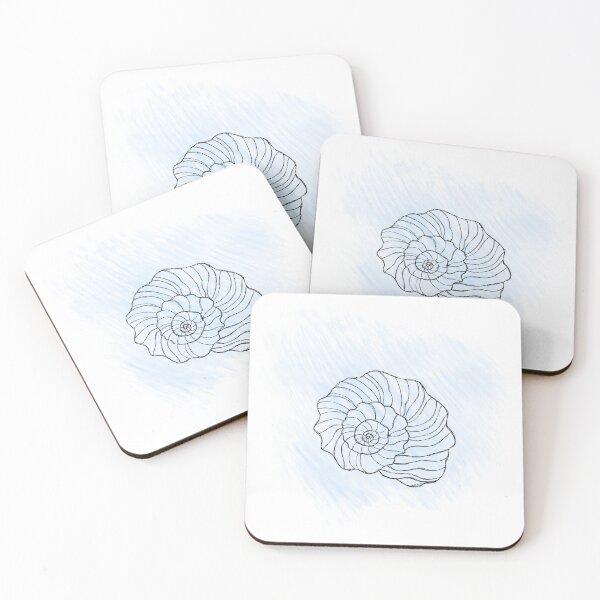 Item preview, Line art illustration of a seashell on blue watercolor background. Shell tattoo idea. Hand drawn nautical engraving of nautical prints isolated on white background designed and sold by Sunshine2504.