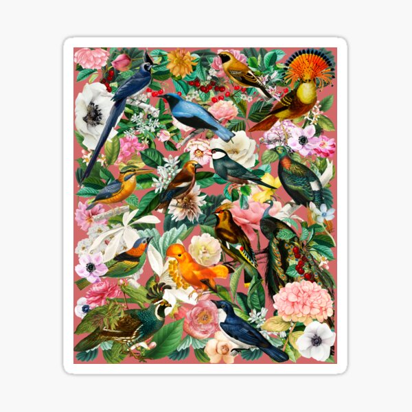 Item preview, 14 colorful birds in flower garden floral pattern designed and sold by DandyRabbit.