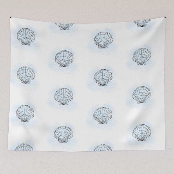 Item preview, Line art illustration of a seashell on blue watercolor background. Shell tattoo idea. Hand drawn nautical engraving of nautical prints isolated on white background designed and sold by Sunshine2504.