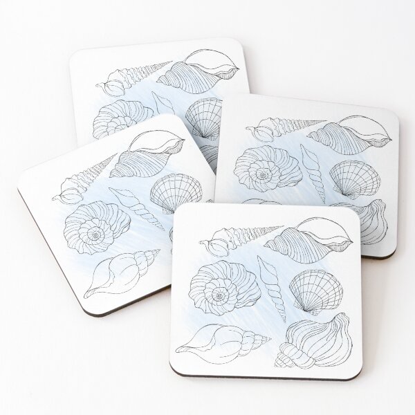 Item preview, Line art illustration of a seashell on blue watercolor background. Shell tattoo idea. Hand drawn nautical engraving of nautical prints isolated on white background designed and sold by Sunshine2504.