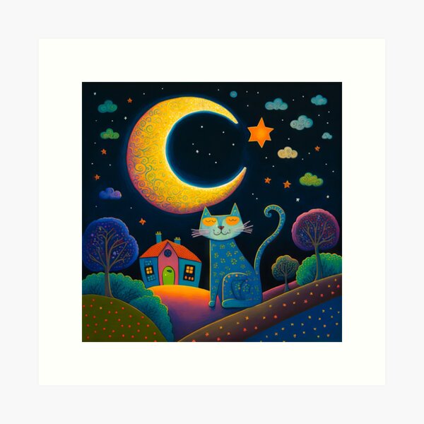 El Gato sonriente y la Luna Lámina artística