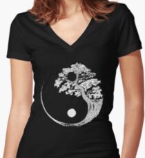 Yin Yang Bonsai Tree Japanese Buddhist Zen Women's Fitted V-Neck T-Shirt
