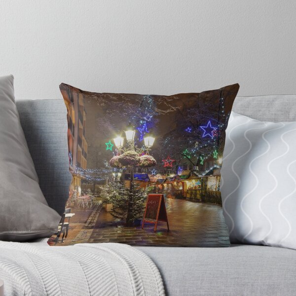 Item preview, Snow-covered street cafe tables on winter street, Strasbourg, Christmas time. Night scene with highlighted old buildings. Tourisitic concept. France. designed and sold by Alexander Sorokopud.
