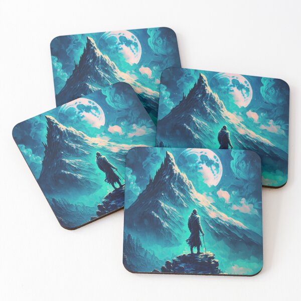 Item preview, Man Traversing Fantasy Mountains by Moonlight Landscape Painting designed and sold by CasualCommander.
