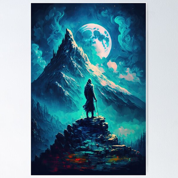 Man Traversing Fantasy Mountains by Moonlight Landscape Painting Poster