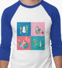 Isometric Winter People. Skiing Couple, Girl and Boy Making Snowman, Walking Outdoor. Men's Baseball ¾ T-Shirt