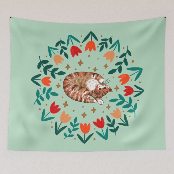 Item preview, Cute Brown & Ginger Tabby Cat & Spring Tulip Flowers - Green Background designed and sold by Emma Carpenter.