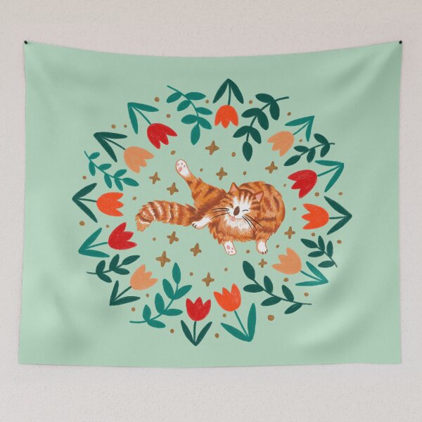 Item preview, Funny Ginger Cat & Spring Tulip Flowers - Green Background designed and sold by Emma Carpenter.