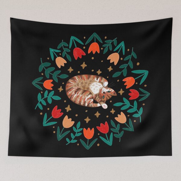 Item preview, Folk Tabby Cat & Spring Tulip Flowers - Black Background designed and sold by Emma Carpenter.