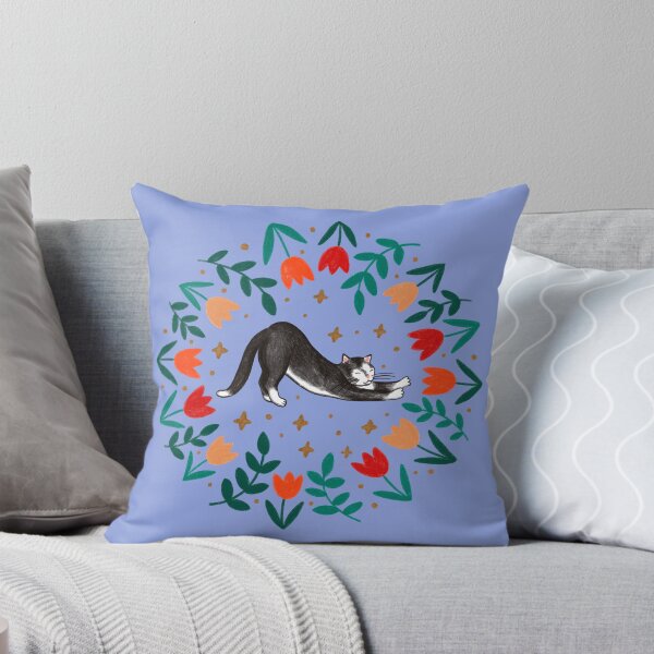 Item preview, Folk Black Cat & Spring Tulip Flowers - Blue Background designed and sold by Emma Carpenter.