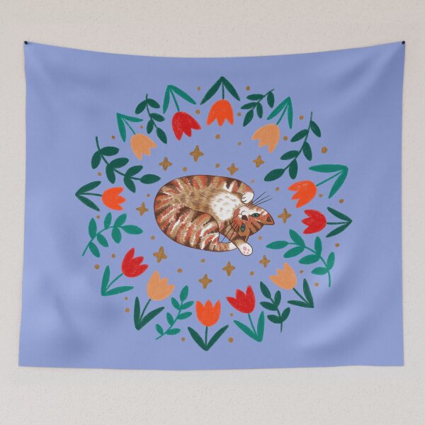 Item preview, Folk Brown & Ginger Tabby Cat & Spring Tulip Flowers - Blue Background designed and sold by Emma Carpenter.