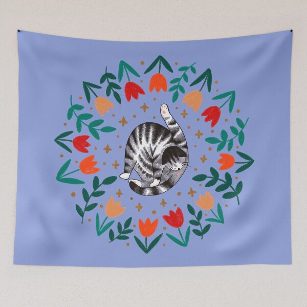 Item preview, Folk Grey Tabby Cat & Spring Tulip Flowers - Blue Background designed and sold by Emma Carpenter.