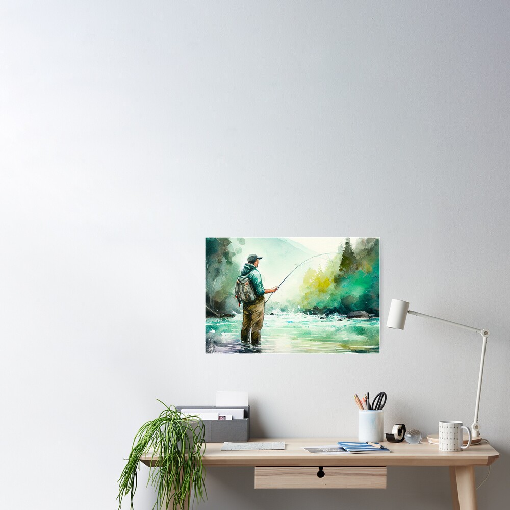 Fly Fishing in the Stream: Watercolor Painting Poster for Sale by  Tiberius404