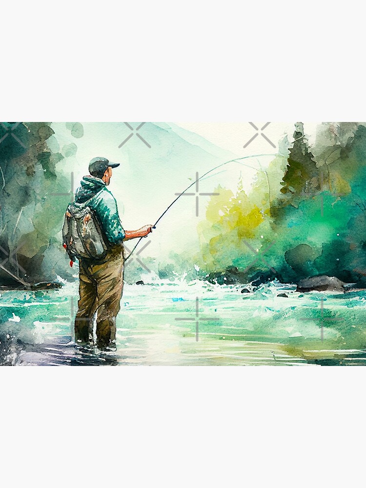 Fly Fishing in the Stream: Watercolor Painting | Poster