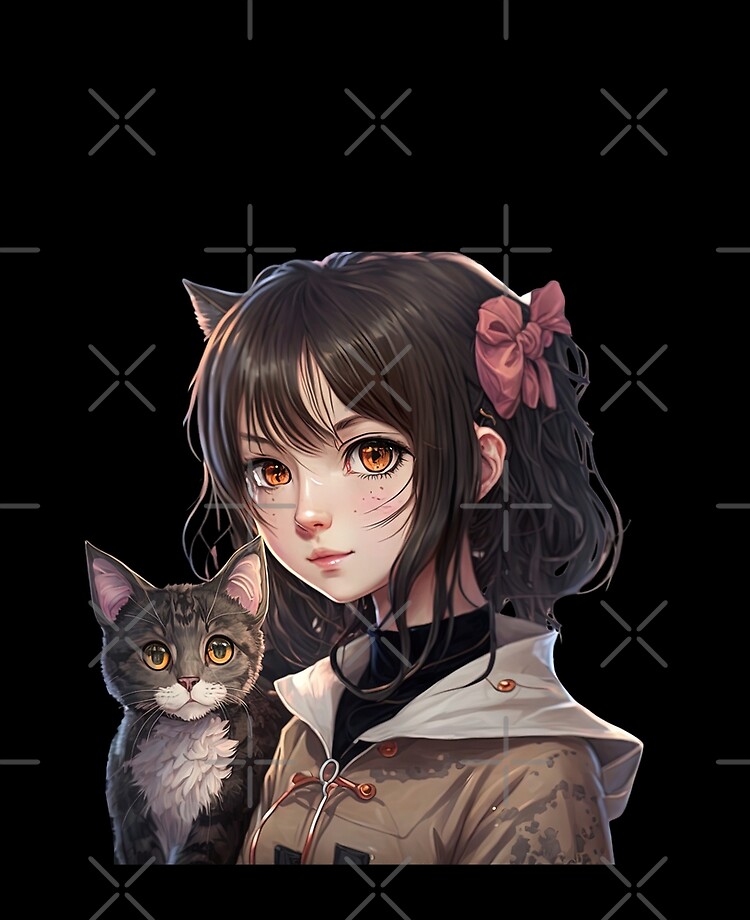 Cute Anime girl with her kawaii cat - Anime Cat Girl - Posters and