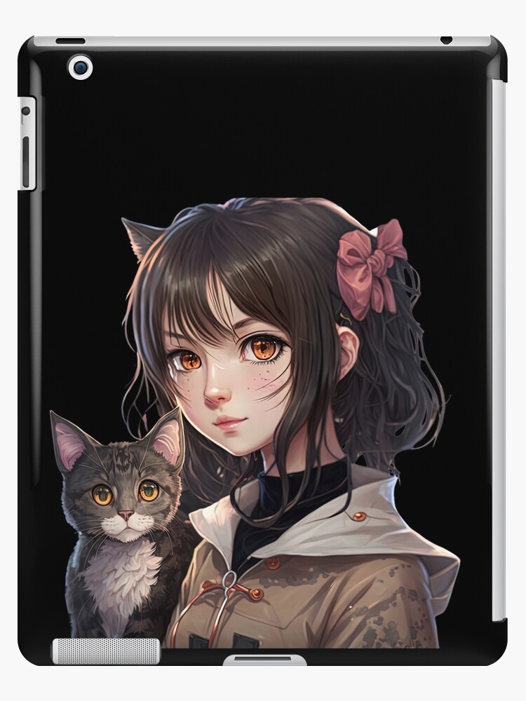 Cute Anime Girl Holding Her Cat Kawaii Japanese Style Cool Design
